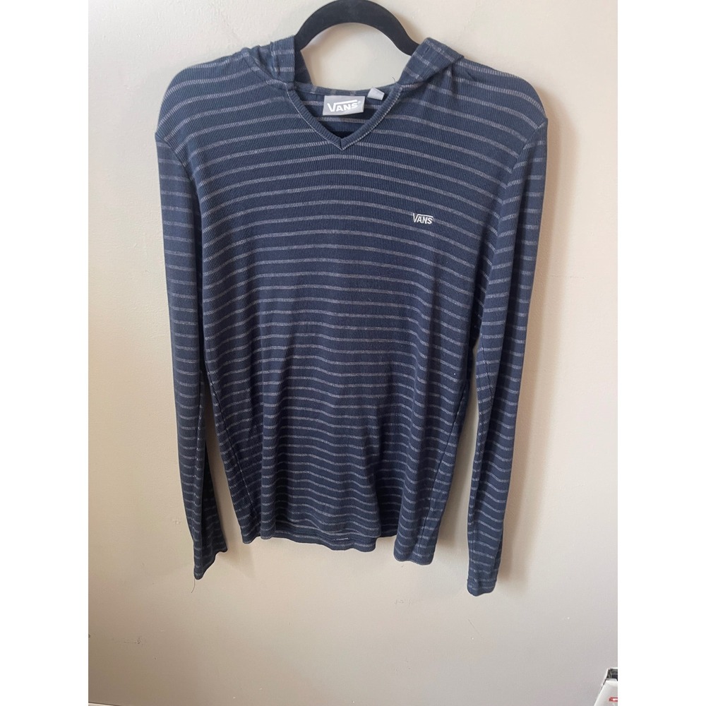Vans Mens Small Navy Blue Grey Striped Ribbed Knit V-Neck Hooded Long Sleeve Top